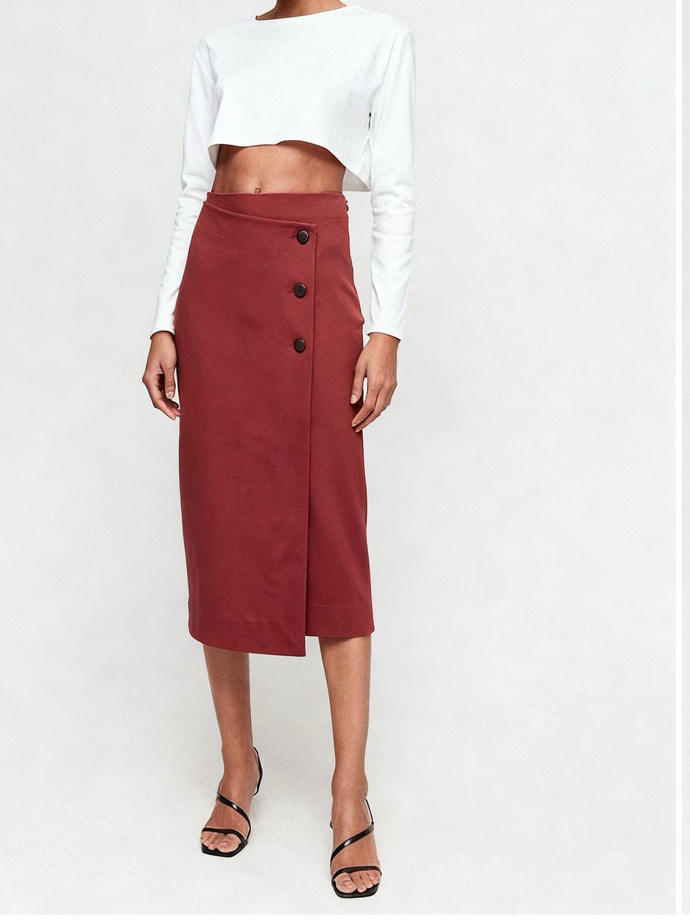 Aritzia Babaton Billy Midi Faux Wrap Button Skirt in Brick